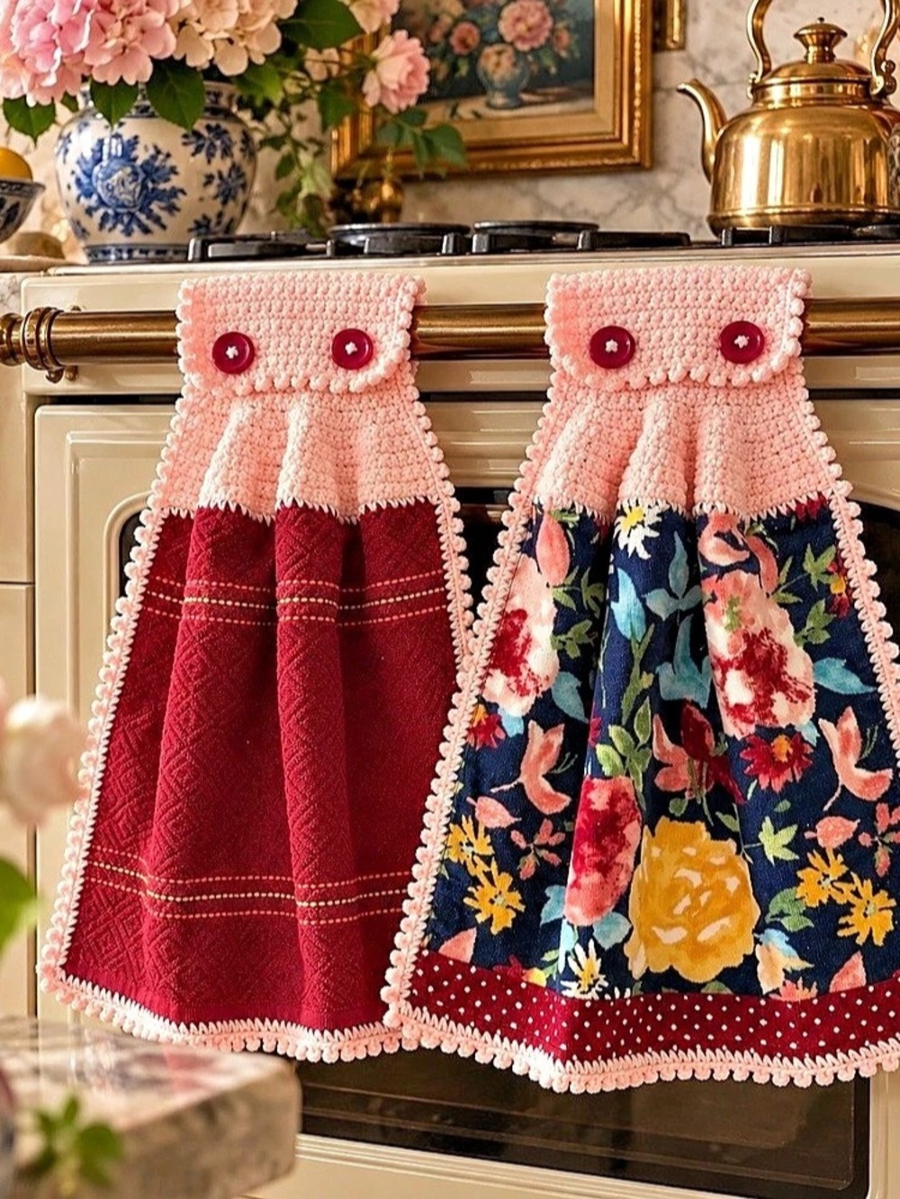 Artisan Handmade Crochet Hanging Towels Set of 2 Cranberry Floral Peach Sparkle